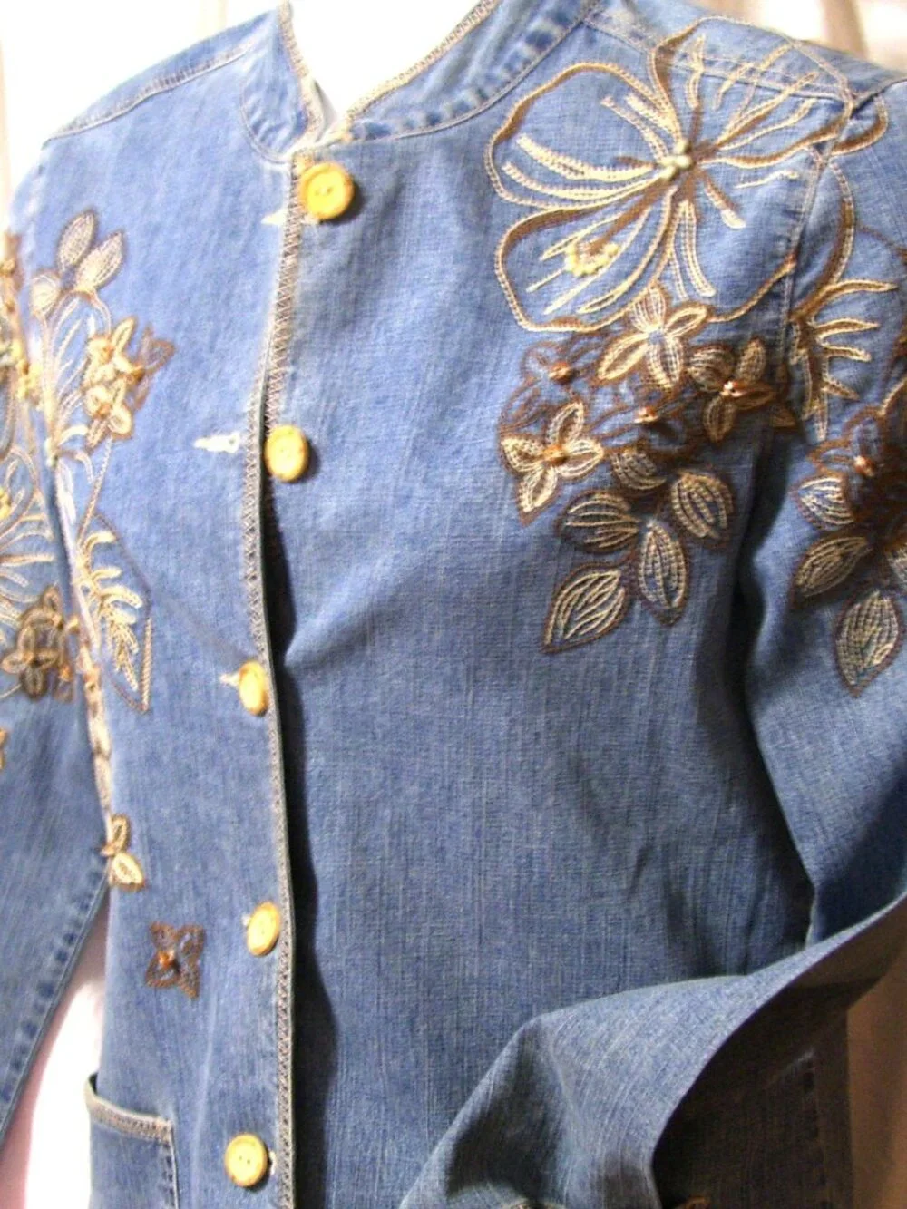 Ruby Rd Blue Denim Gold Embroidery 2 pcs Jacket Pant Suit Size 12